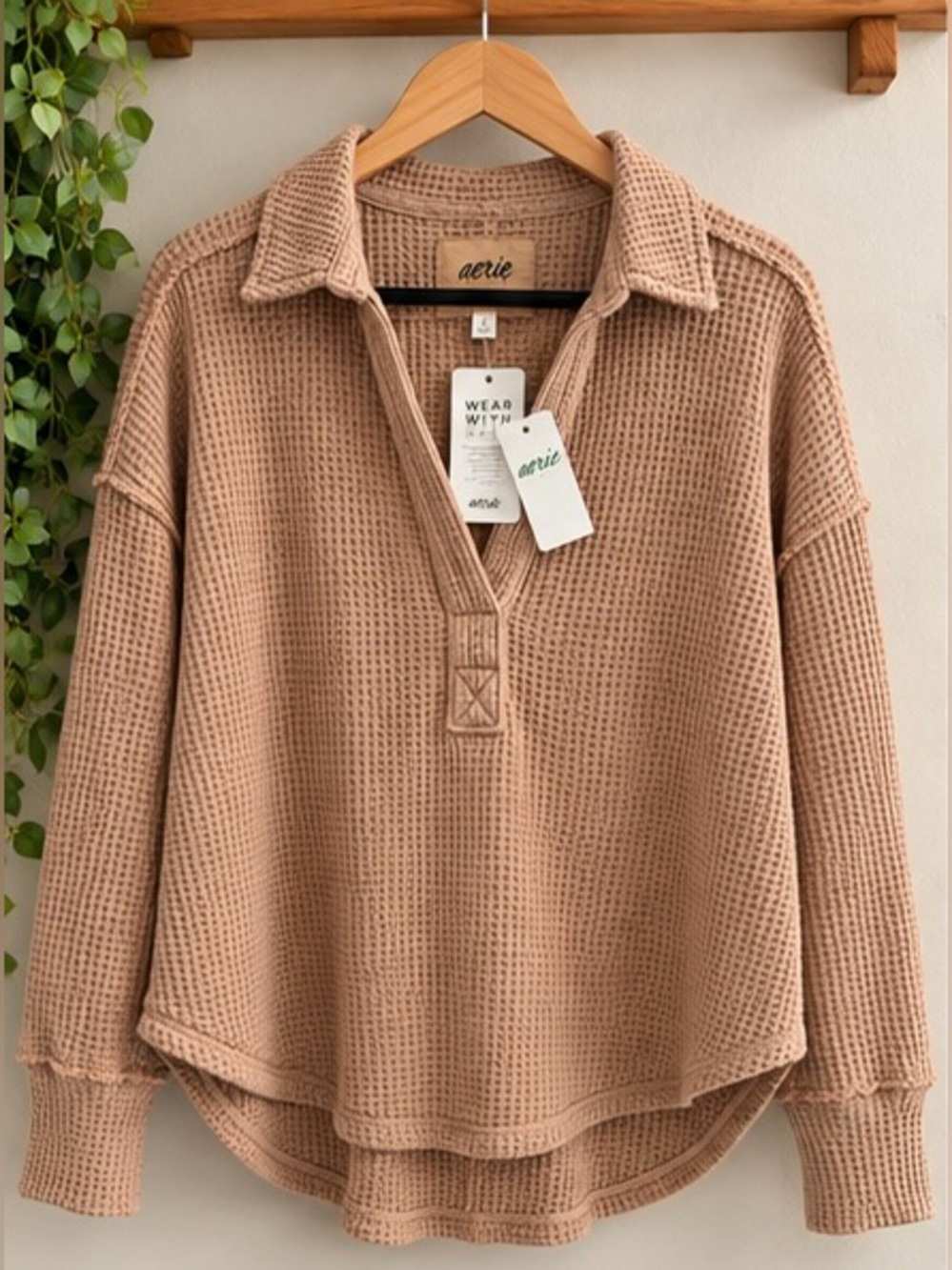 Aerie LumberJane Waffle Polo Sweatshirt Toasted Size S NWT